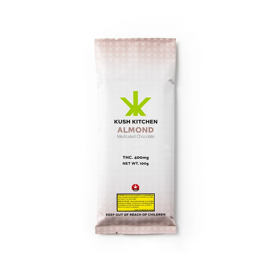 Kush Kitchen Almond THC Chocolate Bar 400mg Milk chocolate bar with almond pieces in a white and light brown wrapper