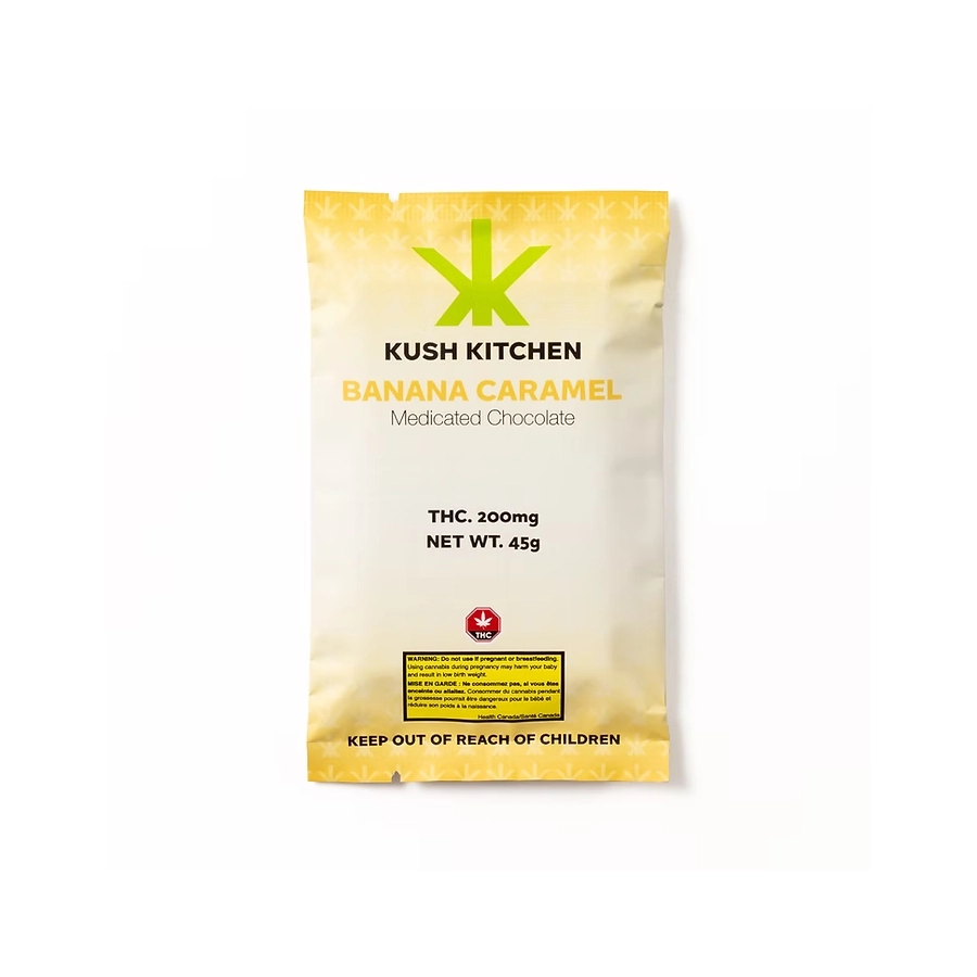 Kush Kitchen Banana Caramel chocolate bar showing 200mg THC in light yellow packaging on white background.