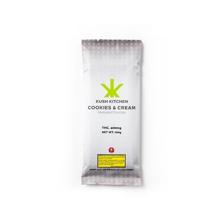 Kush Kitchen Cookies and Cream THC Chocolate Bar 400mg White chocolate bar with cookie bits in branded Kush Kitchen packaging