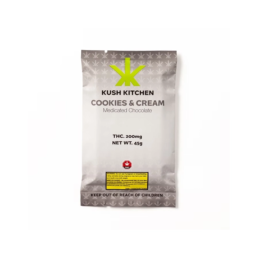 Kush Kitchen Cookies and Cream chocolate bar showing 200mg THC in grey packaging on white background.