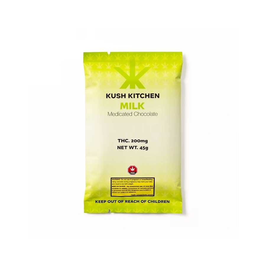 Kush Kitchen Milk chocolate bar showing 200mg THC in light green packaging on white background.