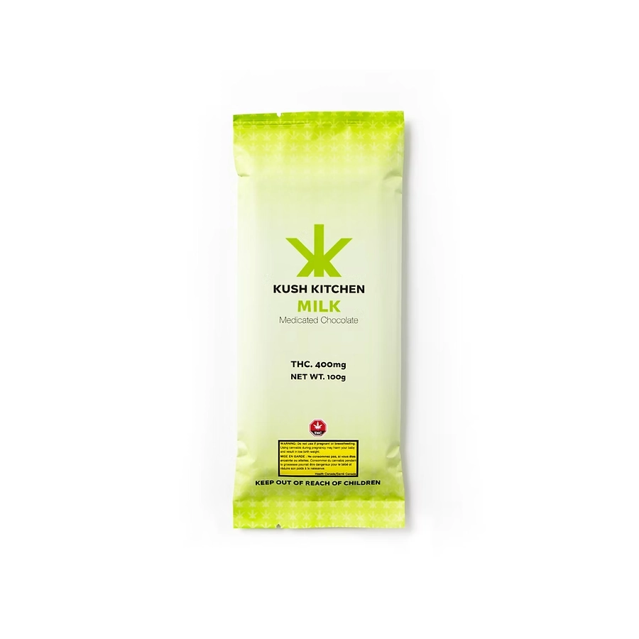 Kush Kitchen Milk THC Chocolate Bar 400mg Classic milk chocolate bar with THC in light green packaging