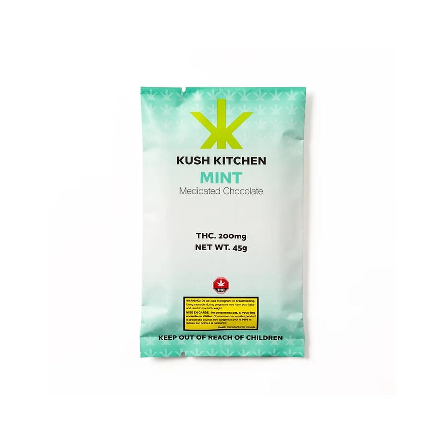 Kush Kitchen Mint chocolate bar showing 200mg THC in mint green packaging on white background.