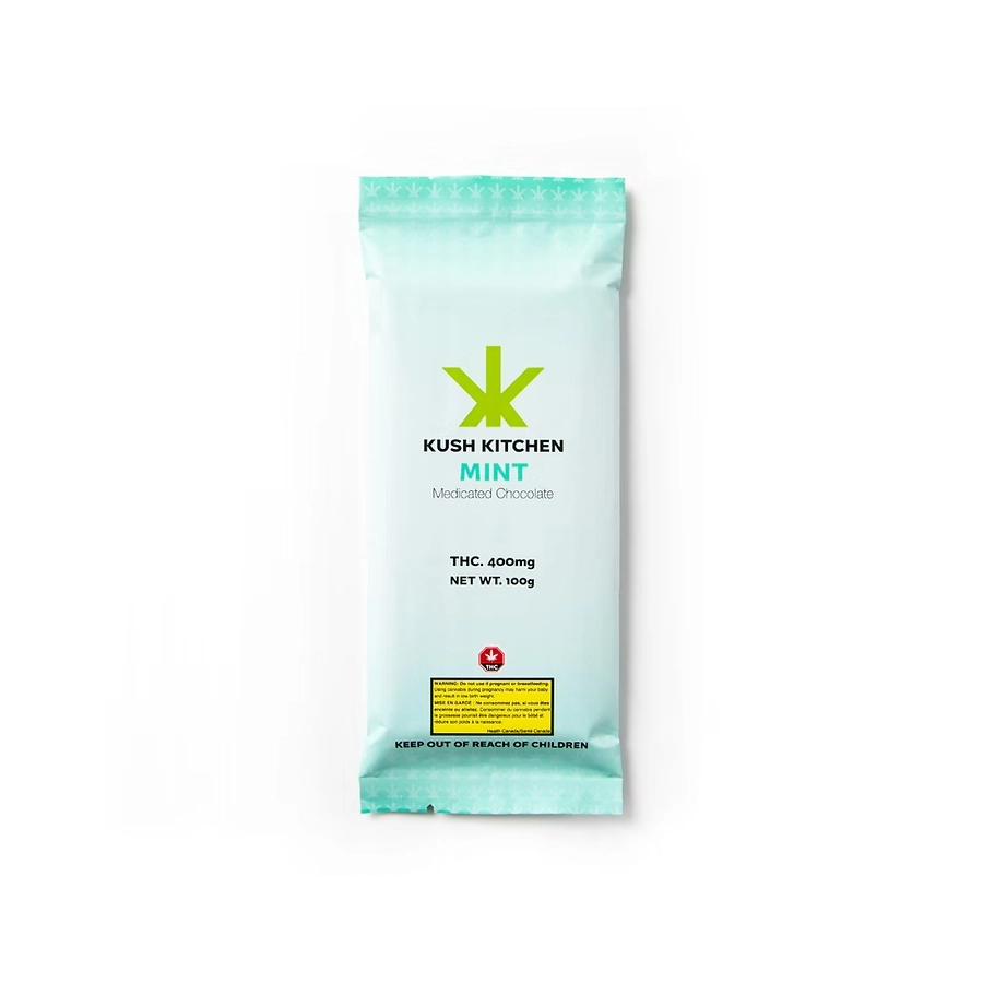 Kush Kitchen Mint THC Chocolate Bar 400mg Dark chocolate with mint flavor in mint green packaging