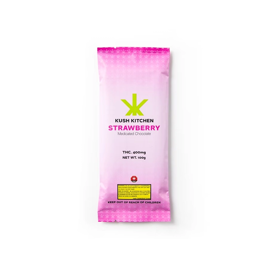 Kush Kitchen Strawberry THC Chocolate Bar 400mg White chocolate bar with strawberry flavor in pink packaging