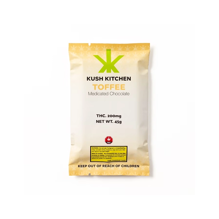 Kush Kitchen Toffee chocolate bar showing 200mg THC in beige packaging on white background.