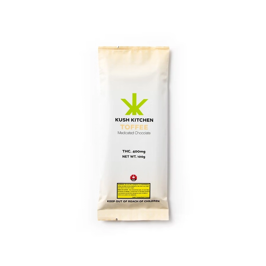 Kush Kitchen Toffee THC Chocolate Bar 400mg Milk chocolate bar with toffee flavor in beige packaging