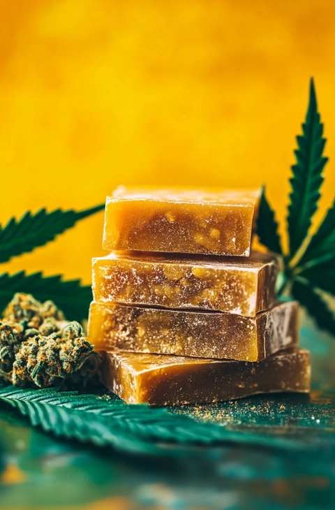 Stack of golden cannabis extracts with marijuana buds and leaves in the background, showcasing the best extracts online Canada has to offer.