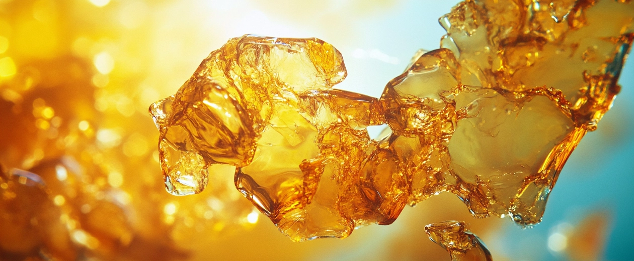 Close-up of translucent amber cannabis shatter under bright light, highlighting premium options from the best extracts online Canada.