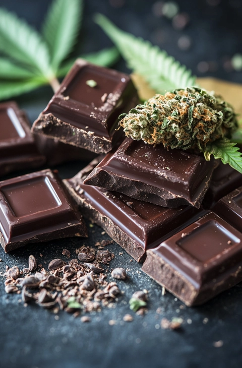 A stack of rich, dark chocolate edibles with a cannabis bud on top, highlighting the smooth texture and deep cocoa tones of infused treats.