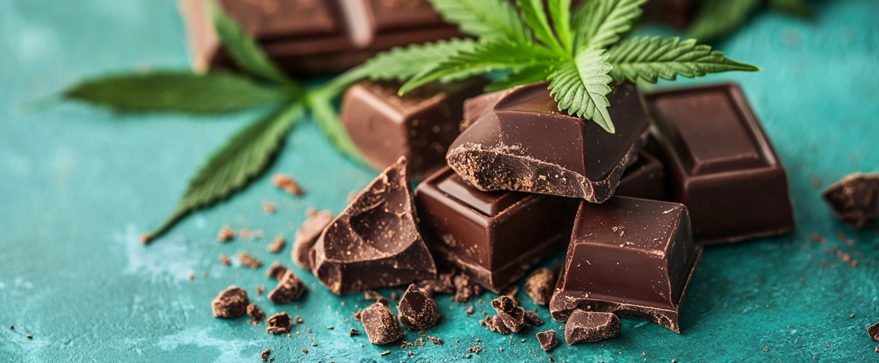 Broken pieces of chocolate edibles scattered on a turquoise background with cannabis leaves, showcasing the perfect blend of chocolate and cannabis infusion.