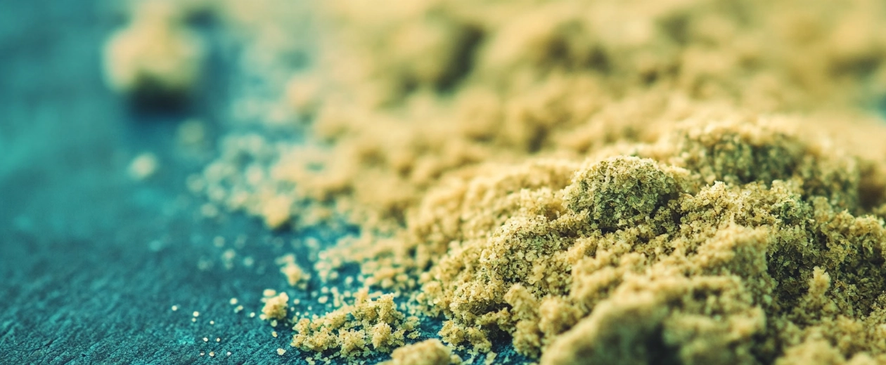 A close-up view of high-quality kief spread across a textured surface, showcasing its golden color, fine texture, and rich cannabinoid content for an enhanced cannabis experience.