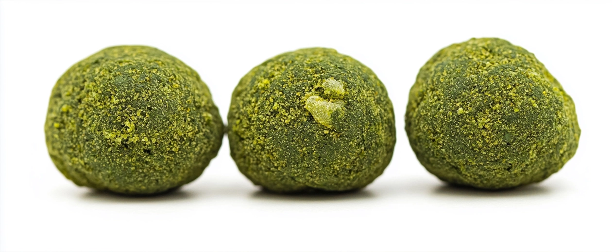 Three high-quality moon rock weed spheres covered in a rich layer of kief and hash oil, highlighting their ultra-potent THC content and concentrated form.