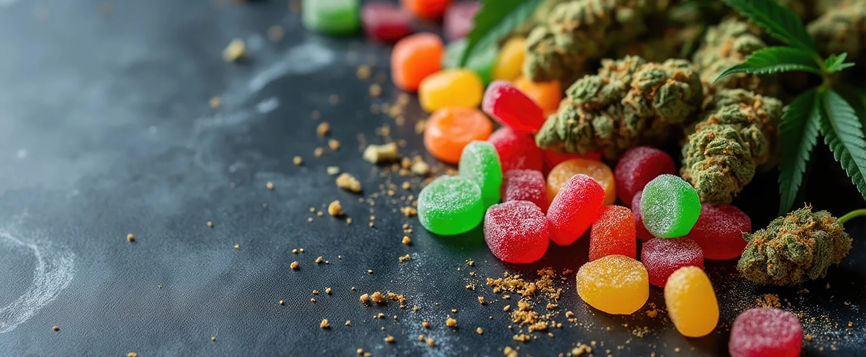 A mix of colorful weed candy gummies scattered on a dark surface with cannabis buds, highlighting the delicious variety and potent effects of THC gummies and edibles.