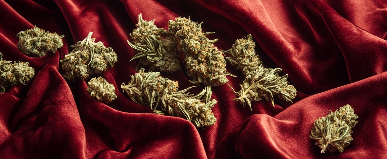 A collection of buy sativa weed buds resting on luxurious red velvet fabric, emphasizing their rich color, crystal-covered texture, and top-tier sativa strains for an uplifting cannabis experience.
