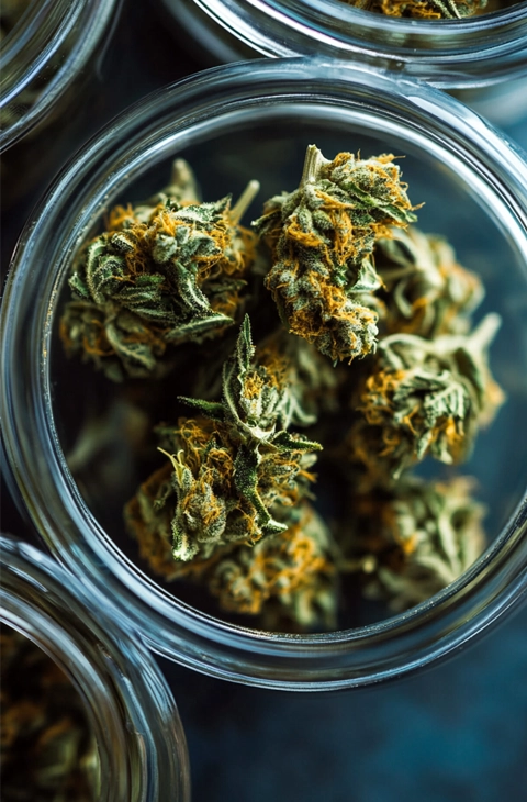 Glass jar filled with dried cannabis weed flower buds – premium weed flower storage at Weed Market