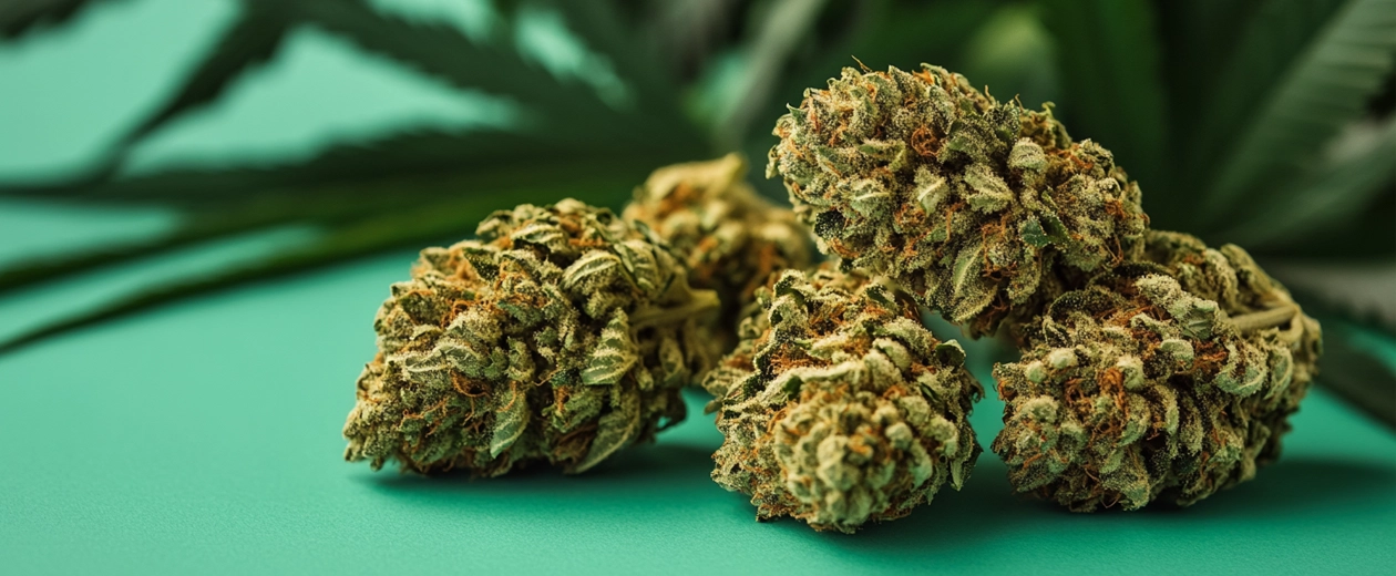 Close-up of cannabis weed flower buds with green leaves in the background – Weed Market premium cannabis products