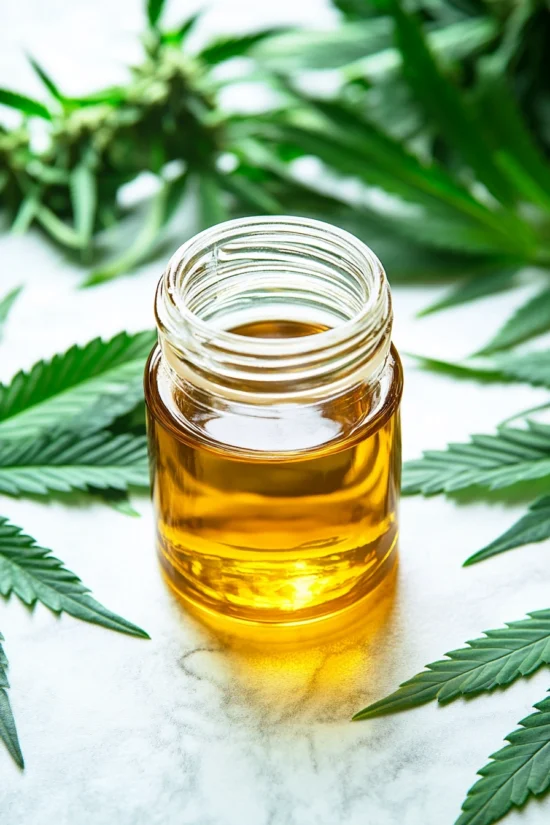 Close-up of a glass jar filled with golden honey oil on a white surface, surrounded by cannabis leaves, representing potent honey oil cannabis extract.