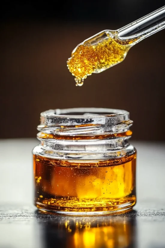 Close-up of a glass jar filled with golden live resin concentrate and a dab tool showcasing glistening crystals at Weed Market