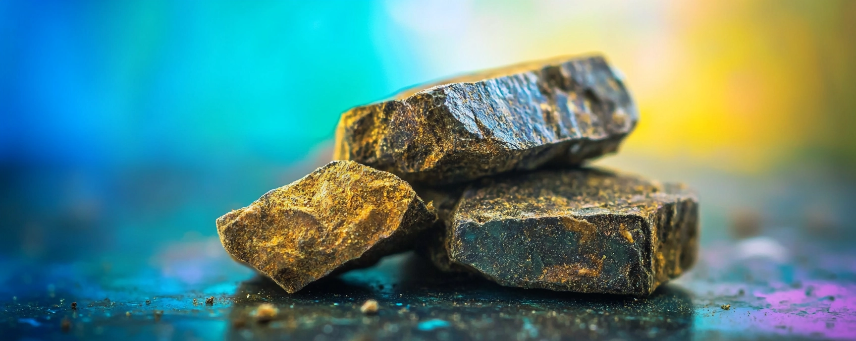 Three stacked pieces of dark, sticky hash with colorful blurred background – premium options available when you order hash online from Weed Market.