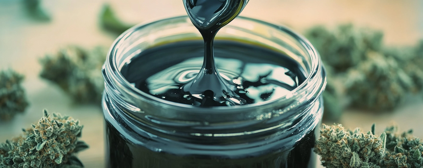 Thick black cannabis extract being dripped into a jar surrounded by cannabis buds, showcasing potent Phoenix Tears Online available at Weed Market.