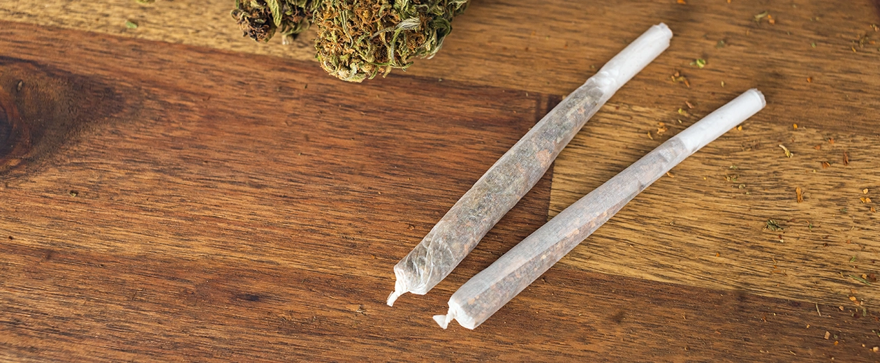 Two cannabis pre-rolls on a wooden surface with weed flower in the background – premium pre-rolls at Weed Market