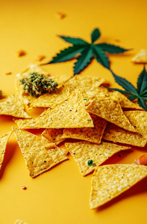 A vibrant display of THC chips scattered on a yellow background, with cannabis buds and leaves placed on top, showcasing the perfect blend of crispy chips and cannabis-infused flavor.