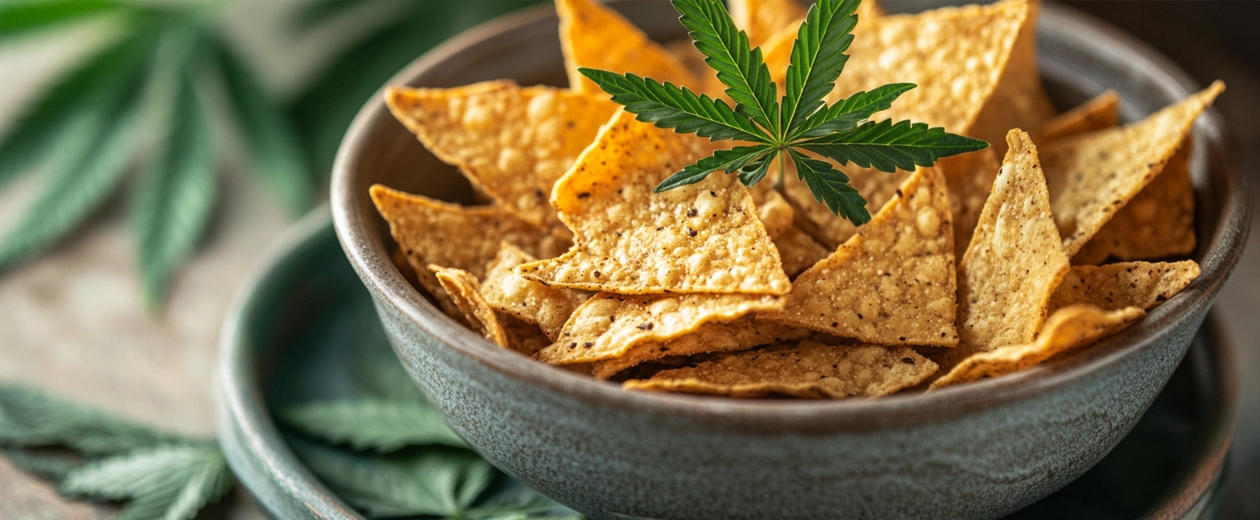 A bowl filled with THC chips, garnished with a fresh cannabis leaf, set against a rustic backdrop, emphasizing the delightful experience of cannabis-infused chips with a flavorful crunch.