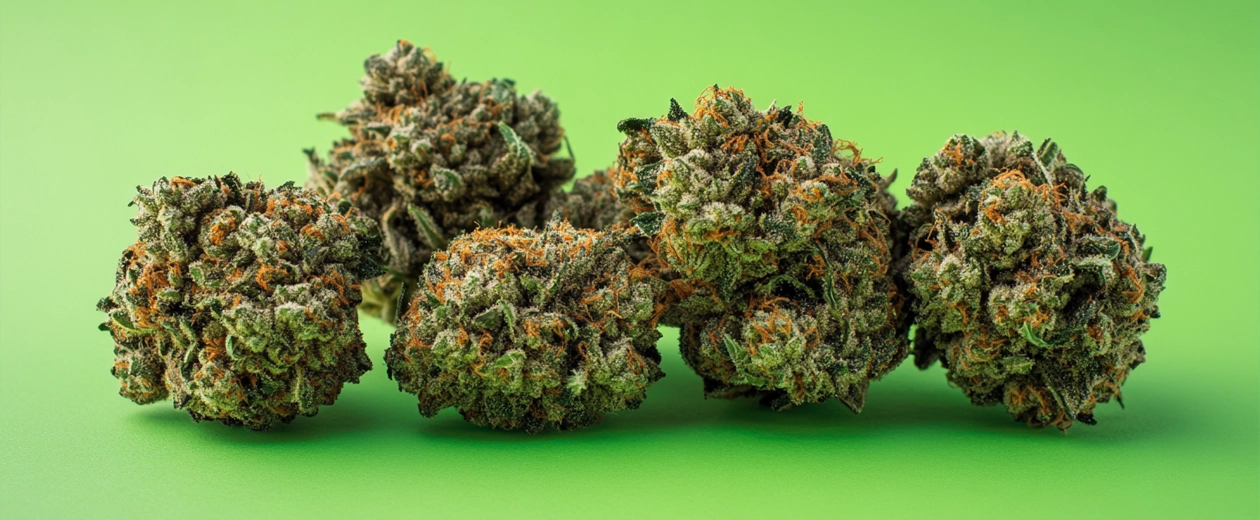 A close-up of premium AAAA weed buds on a green background, highlighting their dense structure, rich trichome coating, and deep green coloration with orange pistils.