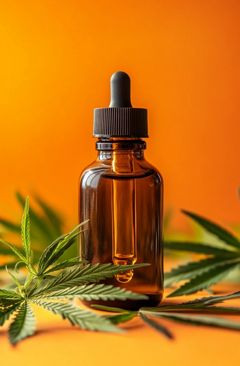 Amber glass dropper bottle with THC tincture surrounded by cannabis leaves, set against a vibrant orange background.
