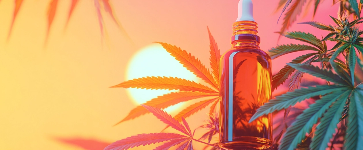 Glass dropper bottle of THC tincture glowing in sunset light with cannabis leaves silhouetted in the background.
