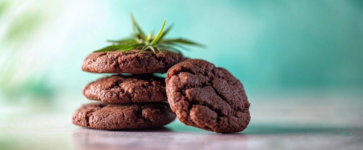 Stack of rich chocolate weed cookies topped with a cannabis leaf, set against a soft teal backdrop, emphasizing the dense, fudgy texture and potency.