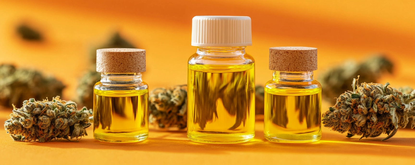 Bottles of golden CBG oil with cannabis buds on an orange background – premium CBG Canada products at Weed Market