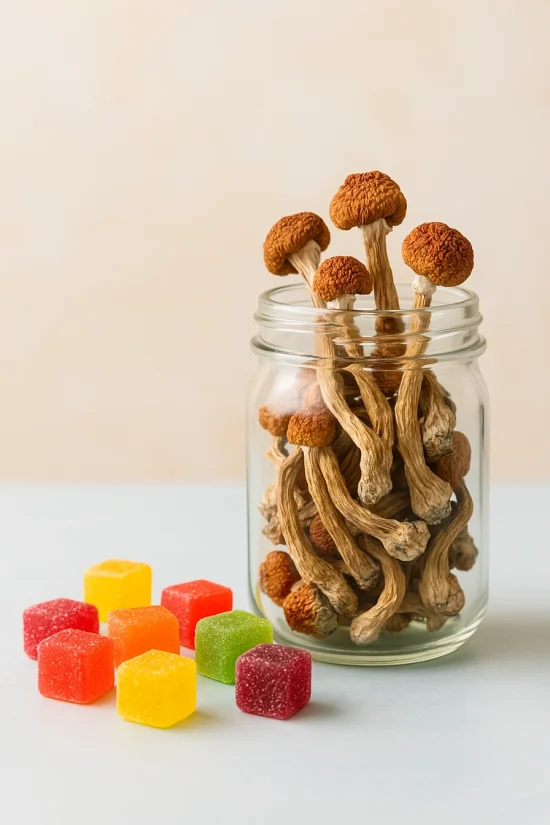 Glass jar filled with dried magic mushrooms next to colorful magic mushroom gummy cubes on a light background.