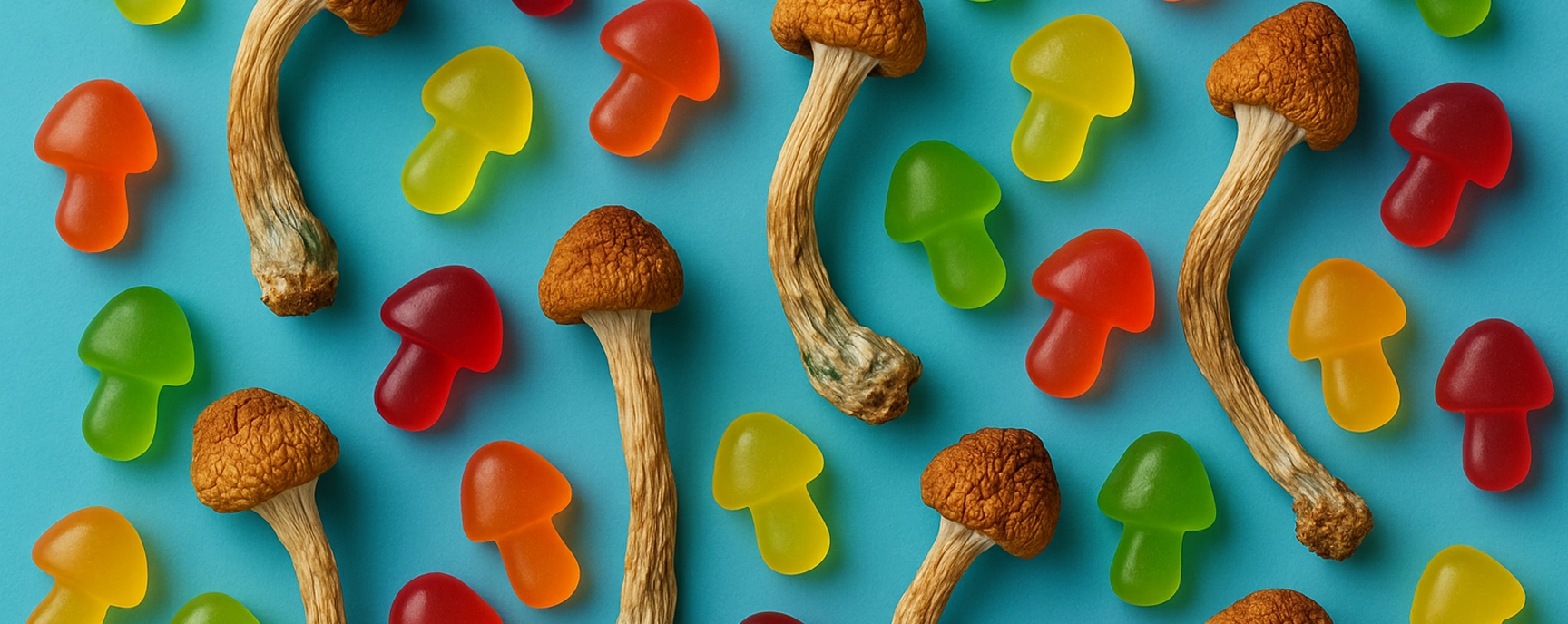 Colorful magic mushroom gummies and dried magic mushrooms scattered on a blue surface.