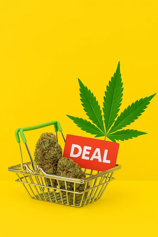 Weed deals basket with cannabis buds and red deal sign on yellow background