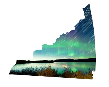Yukon Territory silhouette filled with aurora borealis over a northern lake, featured on Weed Market - Canada's go-to online dispensary in YT.