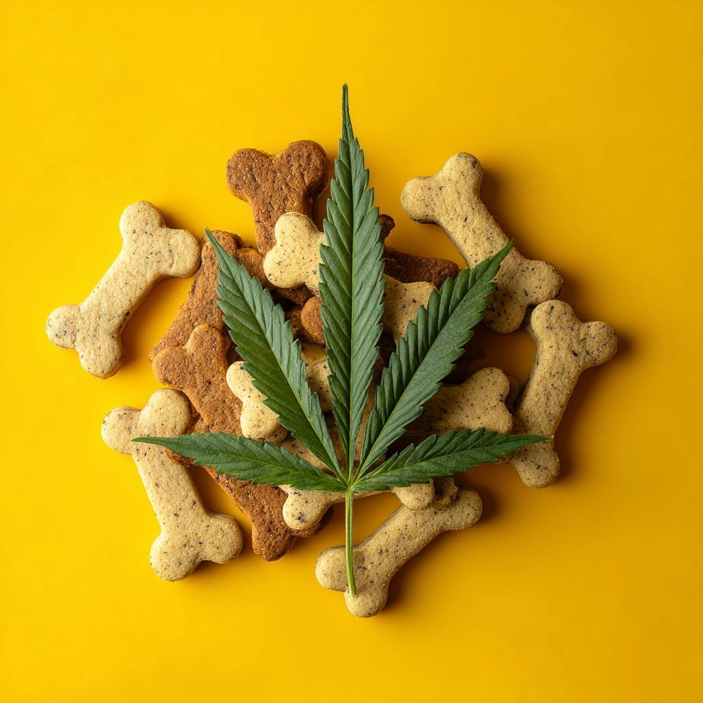 CBD pet treats with cannabis leaf on yellow background