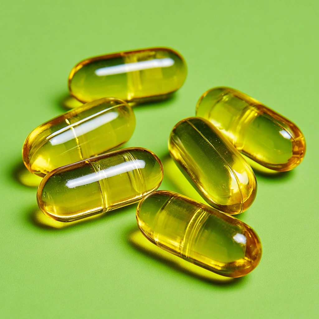 Cannabis oil capsules on green background