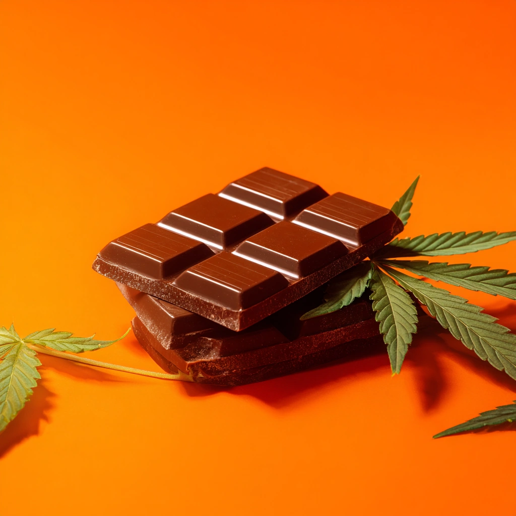 Cannabis chocolate bar with leaf on orange background