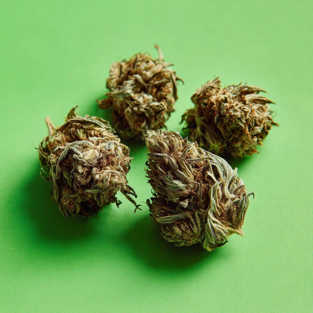 Cannabis buds on green background