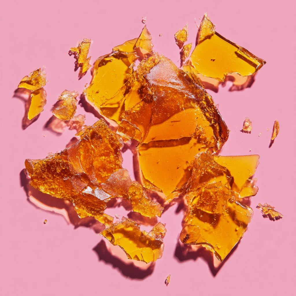 Cannabis shatter concentrate pieces on pink background