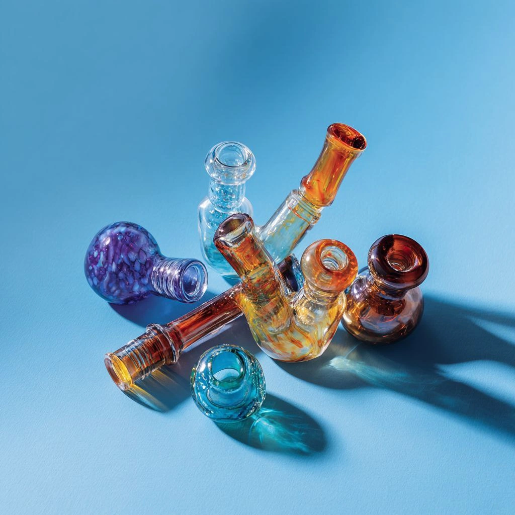 Colorful glass smoking pipes and accessories on blue background