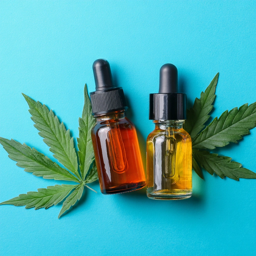 Cannabis oil tincture bottles with leaves on blue background