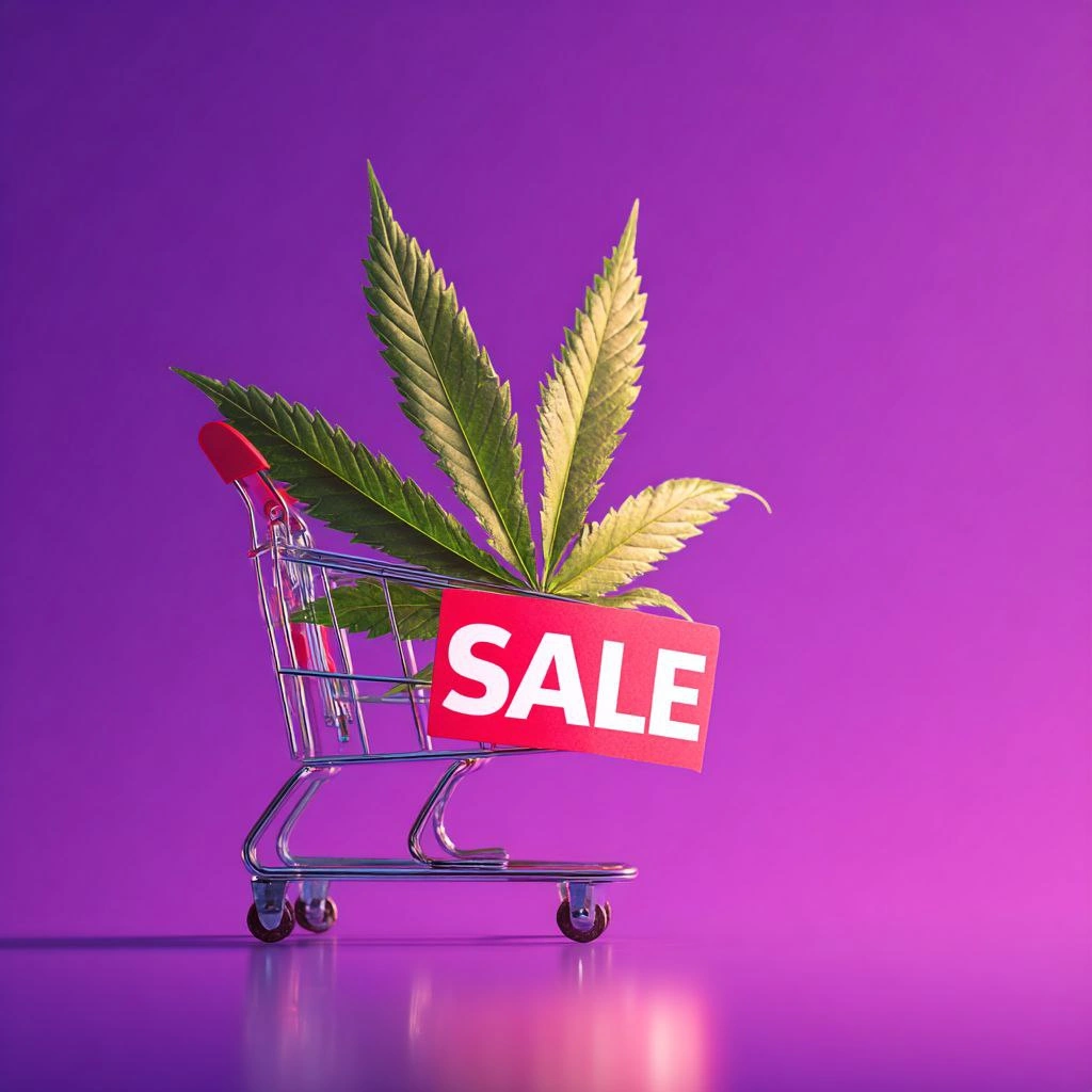 Cannabis sale banner with shopping cart and leaf on purple background