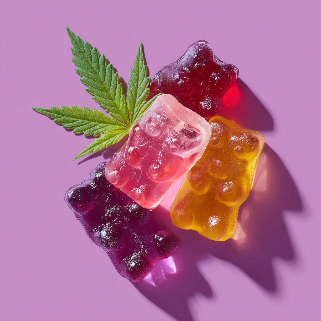 Cannabis gummies with leaf on purple background