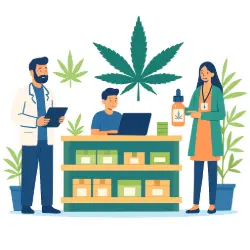 Cannabis dispensary illustration with customers and product display