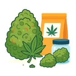 Cannabis flower illustration with buds and packaging