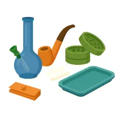 Cannabis accessories illustration with bong, grinder and rolling tray