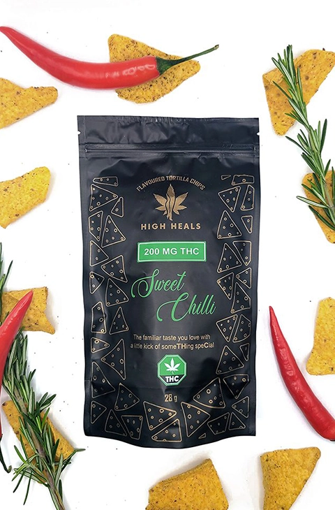 High Heals Edibles Sweet Chilli THC chips with red peppers and herbs